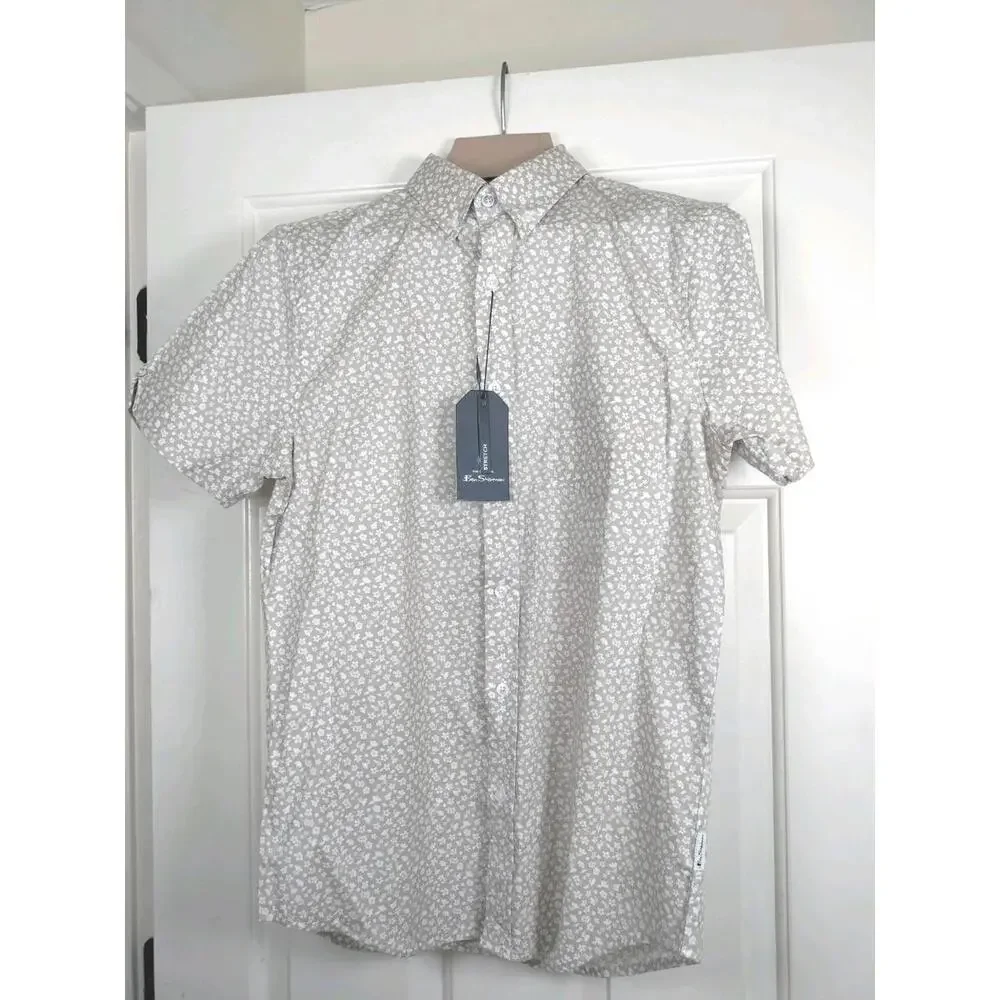NWT Ben Sherman Men’s Small Short‎ Sleeve Floral Shirt White/Spice Stretch Slim